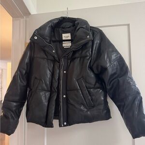 Women's Black Leather Puffer Jacket